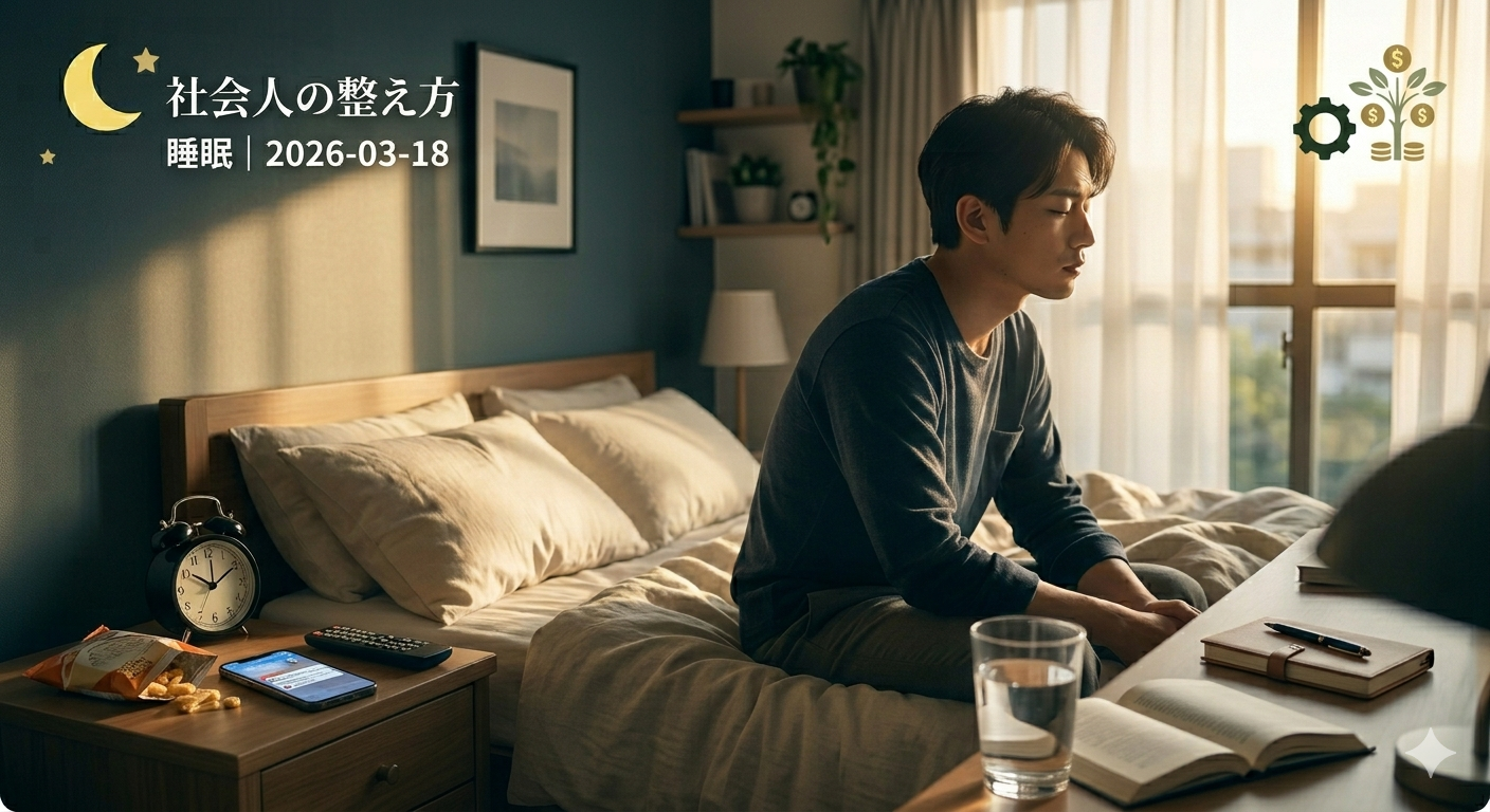 朝に目覚まし時計の前で悩む社会人のイメージ